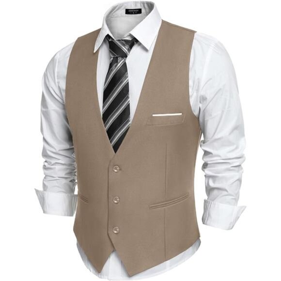 Men's Suit Vest Slim Fit Khaki - Picture 1 of 5